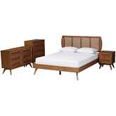 Asami Full 4 Piece Bedroom Set in Walnut Brown Finish Wood & Woven Rattan