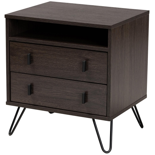 Glover 2 Drawer Nightstand in Dark Brown & Black Metal Hairpin Legs