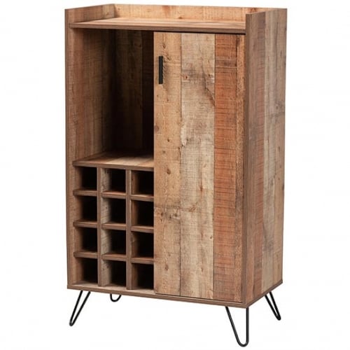 Mathis Bar Cabinet in Brown Wood & Metal Hairpin Legs