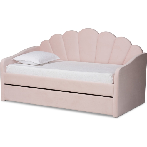 Timila Twin Daybed with Twin Trundle in Channel Tufted Light Pink Velvet