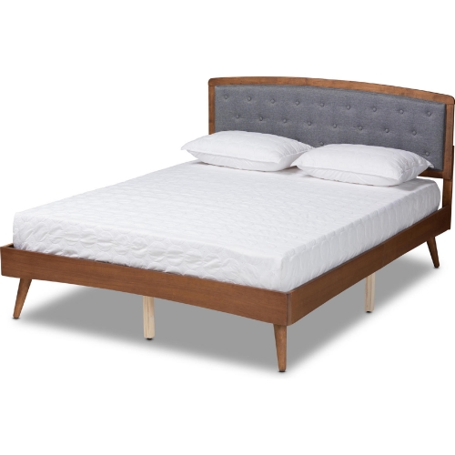 Ratana Queen Platform Bed in Tufted Grey Fabric & Walnut Finish Wood