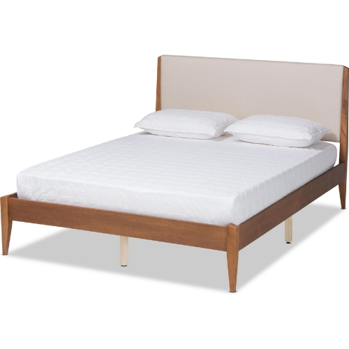 Lenora Queen Platform Bed in Beige Fabric & Walnut Finish Wood