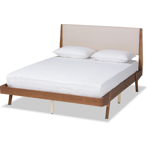 Senna Full Platform Bed in Beige Fabric & Walnut Finish Wood