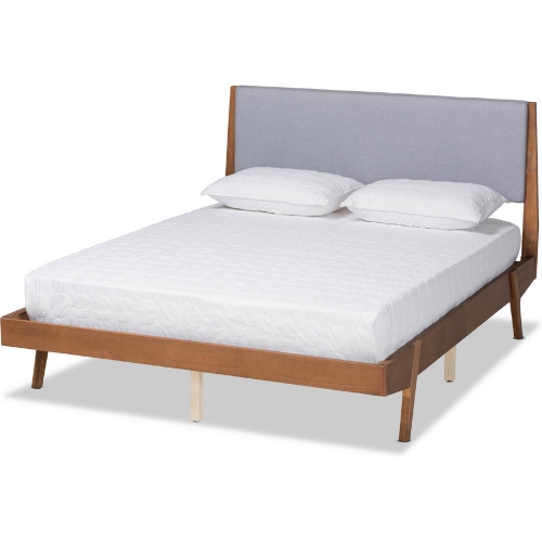 Senna King Platform Bed in Grey Fabric & Walnut Finish Wood