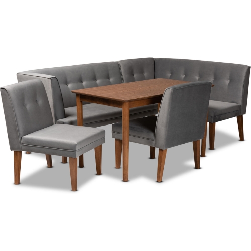 Stewart 5 Piece Dining Set in Tufted Grey Velvet & Walnut Finish