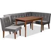 Stewart 4 Piece Dining Nook Set in Tufted Grey Velvet & Walnut Finish