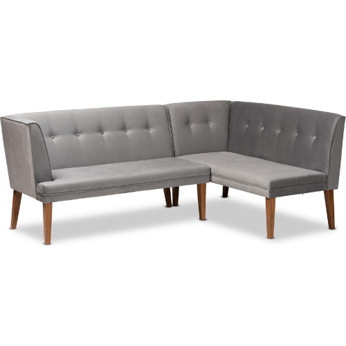 Stewart 2 PC Dining Nook Banquette Set in Grey Velvet & Walnut