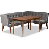 Stewart 3 Piece Dining Nook Set in Tufted Grey Velvet & Walnut Finish