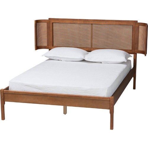 Eridian Queen Platform Bed in Walnut Brown Finish Wood & Natural Rattan