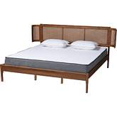 Eridian King Platform Bed in Walnut Brown Finish Wood & Natural Rattan