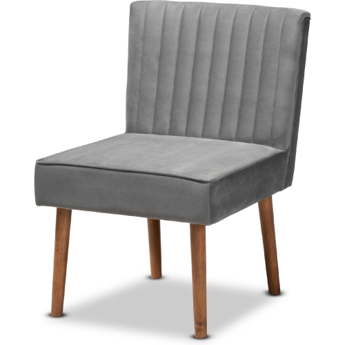 Alvis Dining Chair in Channel Tufted Grey Velvet & Walnut Finish