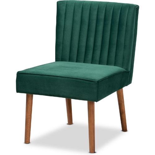 Alvis Dining Chair in Channel Tufted Green Velvet & Walnut Finish