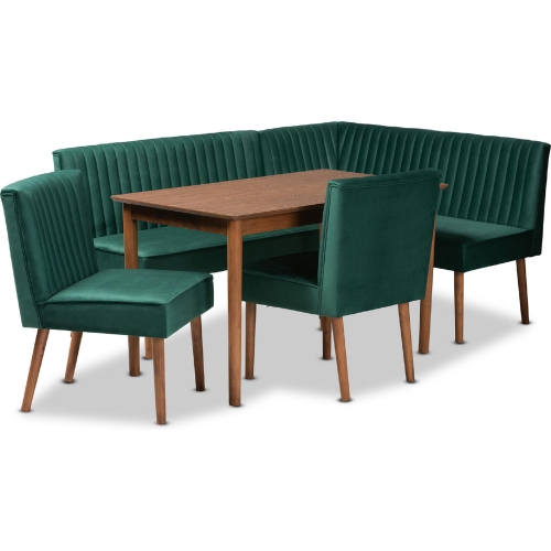 Alvis 5 Piece Dining Nook Set in Tufted Green Velvet & Walnut Finish