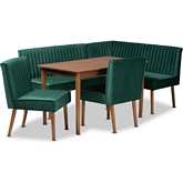 Alvis 5 Piece Dining Nook Set in Tufted Green Velvet & Walnut Finish