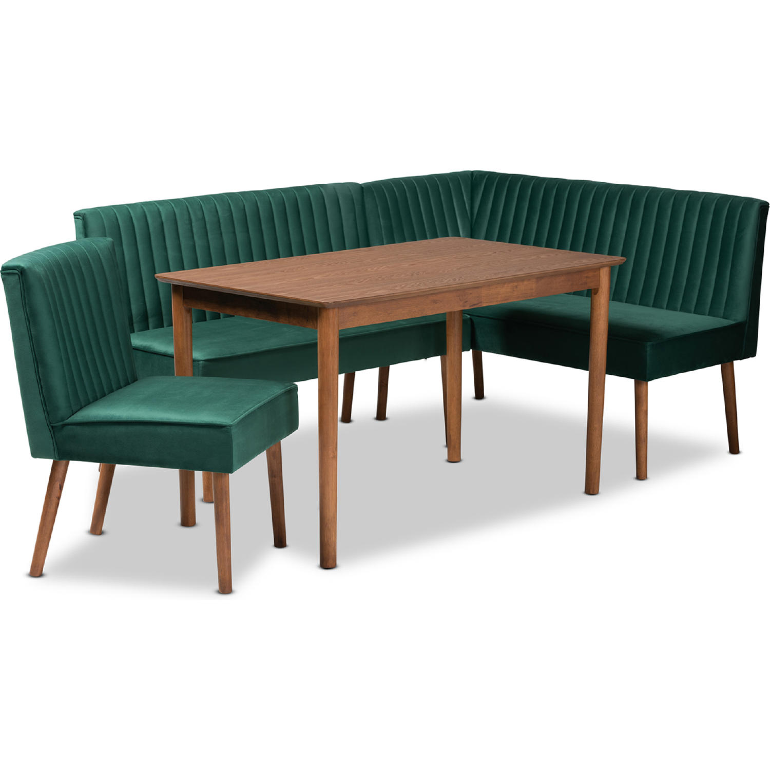 Baxton BBT8063 Emerald Velvet Walnut 4PC Dining Nook Set Alvis