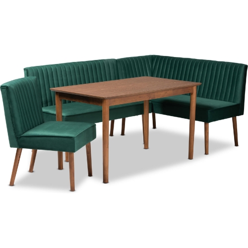 Alvis 4 Piece Dining Nook Set in Tufted Green Velvet & Walnut Finish