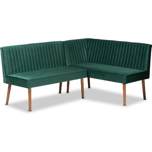 Alvis 2 PC Dining Nook Banquette Set in Tufted Green Velvet & Walnut