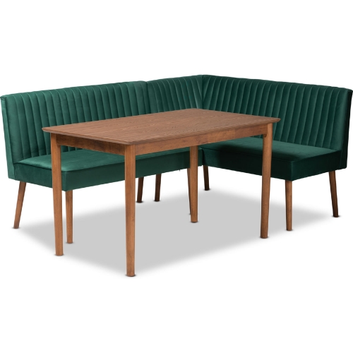 Alvis 3 Piece Dining Nook Set in Tufted Green Velvet & Walnut Finish