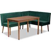 Alvis 3 Piece Dining Nook Set in Tufted Green Velvet & Walnut Finish