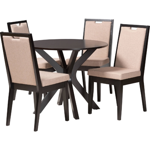 Eira 5 Piece Dining Set in Dark Brown Wood & Sand Fabric