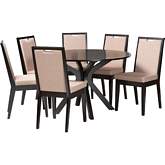 Eira 7 Piece Dining Set in Dark Brown Wood & Sand Fabric