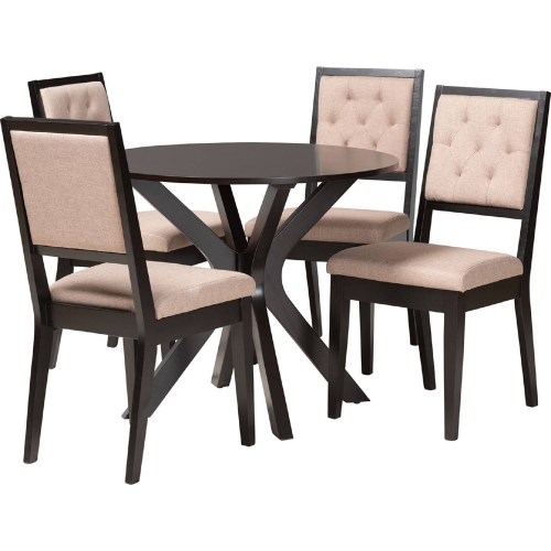 Mana 5 Piece Dining Set in Dark Brown Wood & Sand Fabric