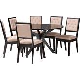 Mana 7 Piece Dining Set in Dark Brown Wood & Sand Fabric