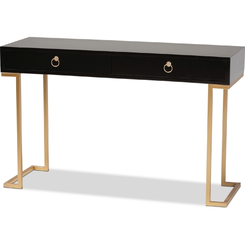 Beagan 2 Drawer Console Table in Black Wood & Gold Metal