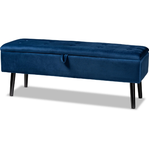 Caine Storage Bench in Tufted Navy Blue Velvet & Dark Brown Wood