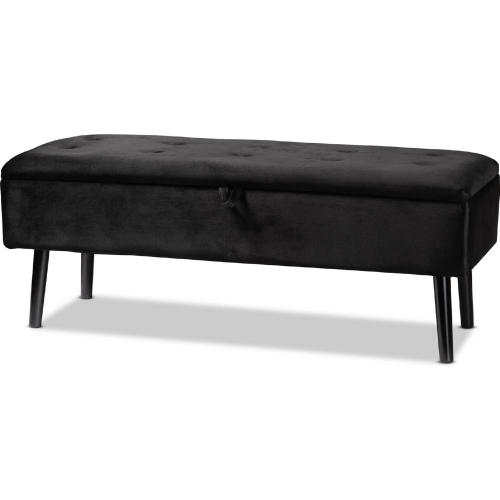 Caine Storage Bench in Tufted Black Velvet & Dark Brown Wood