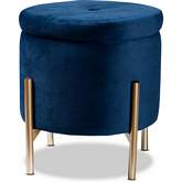 Malina Round Storage Ottoman in Navy Blue Velvet & Gold Metal