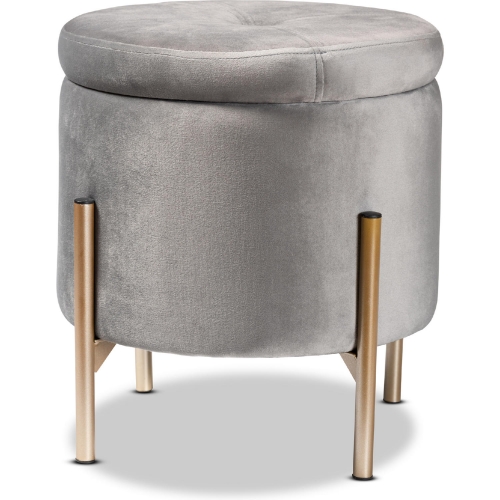 Malina Round Storage Ottoman in Grey Velvet & Gold Metal