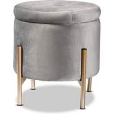 Malina Round Storage Ottoman in Grey Velvet & Gold Metal