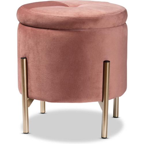 Malina Round Storage Ottoman in Pink Velvet & Gold Metal