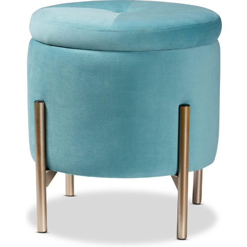 Malina Round Storage Ottoman in Sky Blue Velvet & Gold Metal