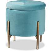 Malina Round Storage Ottoman in Sky Blue Velvet & Gold Metal