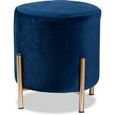 Thurman Round Ottoman in Navy Blue Velvet & Gold Metal