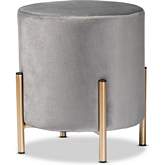 Thurman Round Ottoman in Grey Velvet & Gold Metal