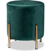 Thurman Round Ottoman in Green Velvet & Gold Metal