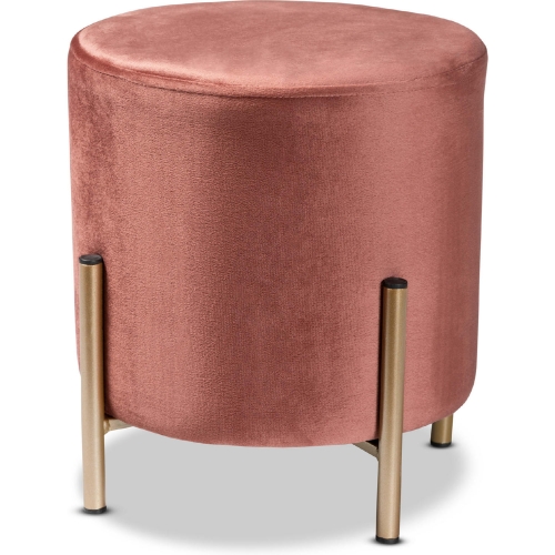 Thurman Round Ottoman in Pink Velvet & Gold Metal