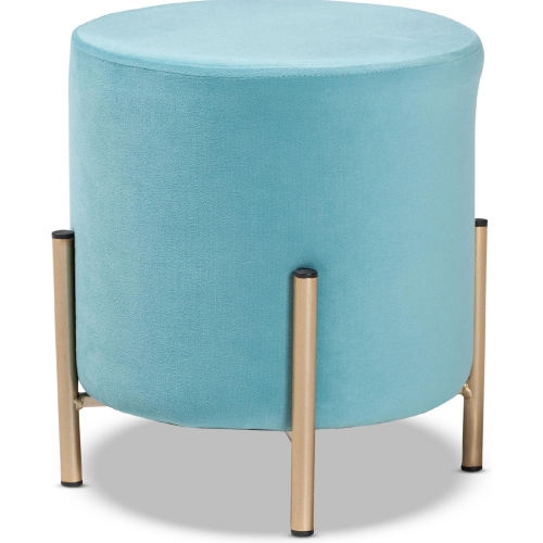 Thurman Round Ottoman in Sky Blue Velvet & Gold Metal