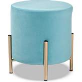 Thurman Round Ottoman in Sky Blue Velvet & Gold Metal