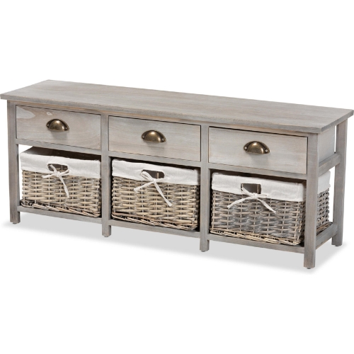 Mabyn 3 Drawer Storage Bench w/ Baskets & Light Grey Wood