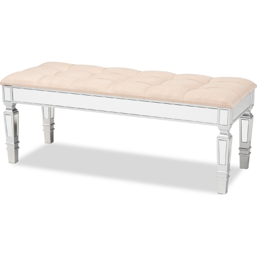 Hedia Accent Bench in Silver Wood, Mirror & Tufted Beige Fabric