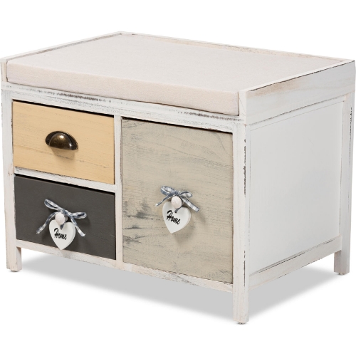 Jacoby 3 Drawer Storage Bench in Multicolor Wood & Beige Fabric