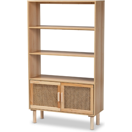 Faulkner 2 Door Bookcase in Natural Finish Wood & Rattan