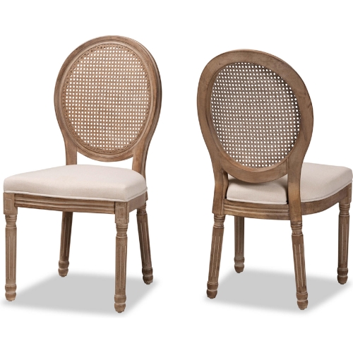 Louis Dining Chair in Beige Fabric, Rattan & Antique Wood (Set of 2)