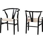 Paxton Wishbone Y Dining Chair in Black Finish Wood & Beige Rope (Set of 2)