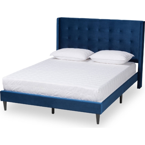 Gothard King Platform Bed in Brown Wood & Tufted Navy Blue Velvet