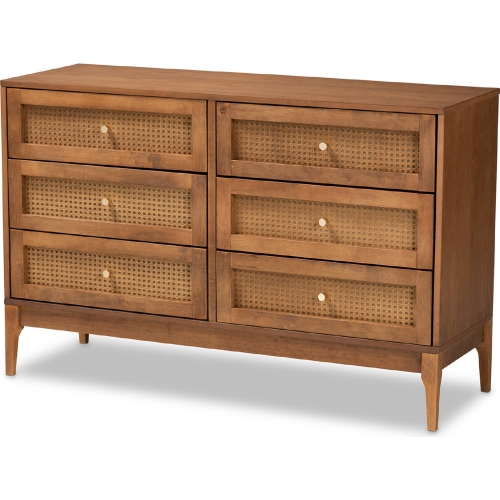 Ramiel 6 Drawer Dresser in Ash Walnut Finish Wood & Rattan